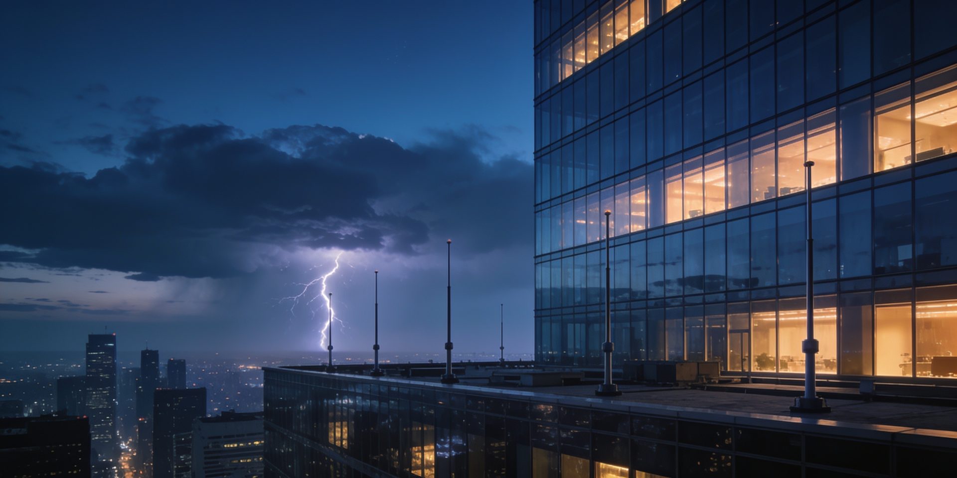 Glass office towers with rooftop lightning protection against a dusk storm sky