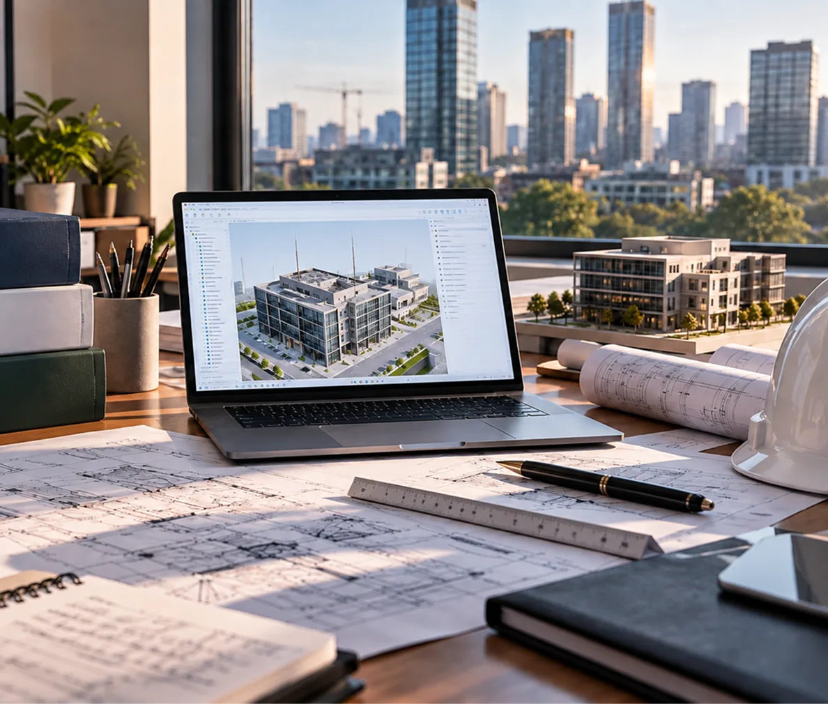 A laptop showing a 3D building model on an engineer's desk, beside rolled drawings, a hard hat and a scale model, with a city skyline behind