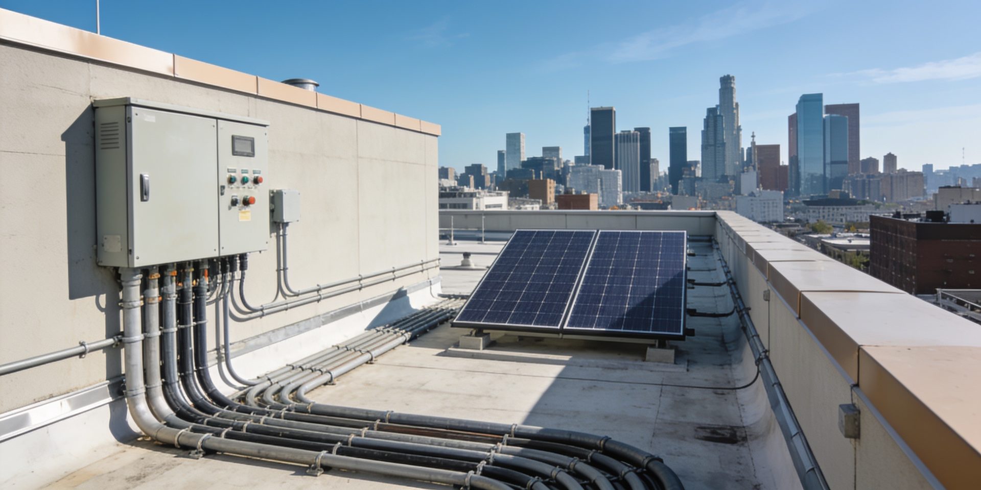 A commercial rooftop with an electrical distribution panel, conduit runs and a solar array against a city skyline