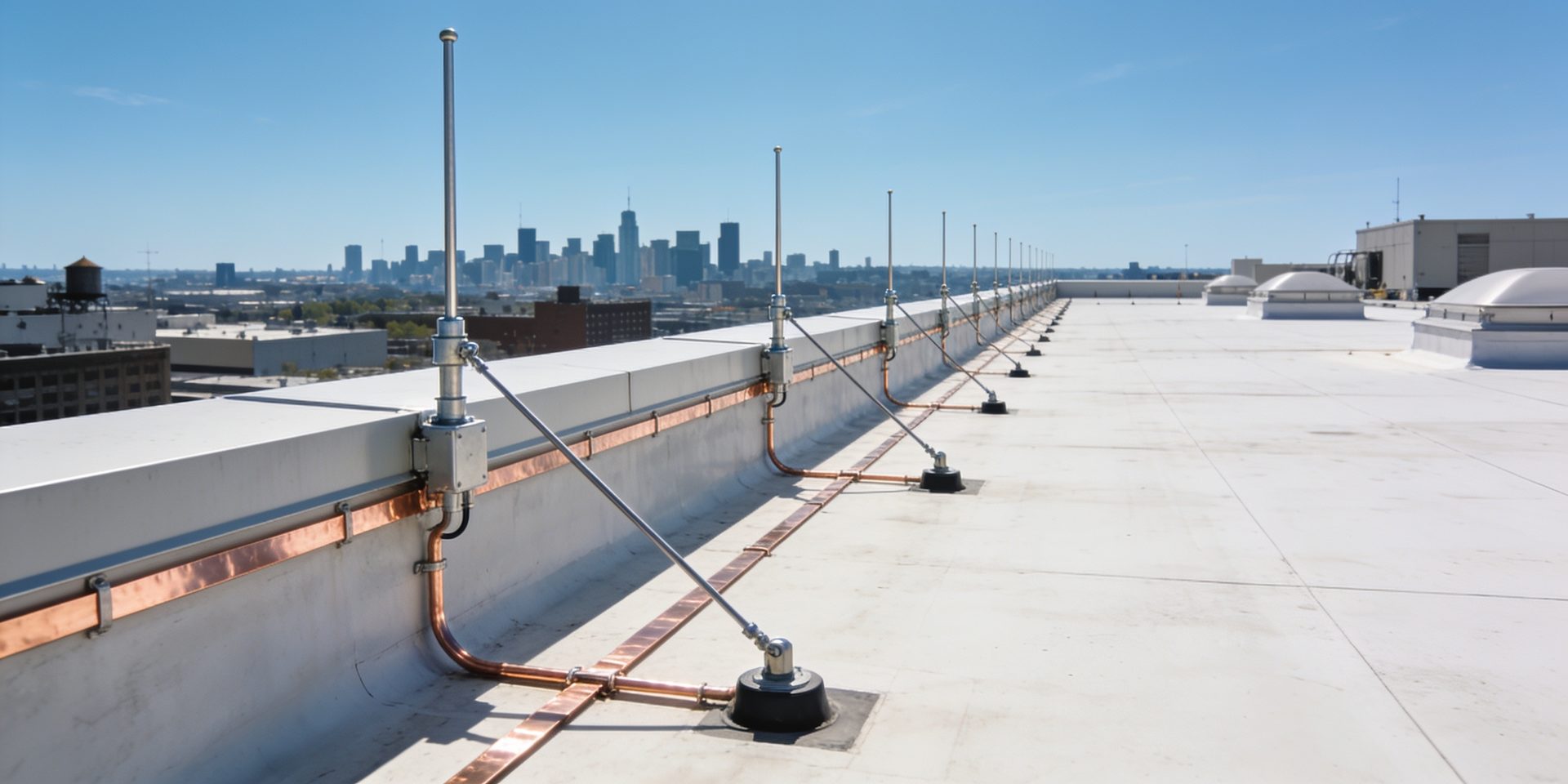 A commercial rooftop lined with lightning protection air terminals and copper down-conductors against a city skyline