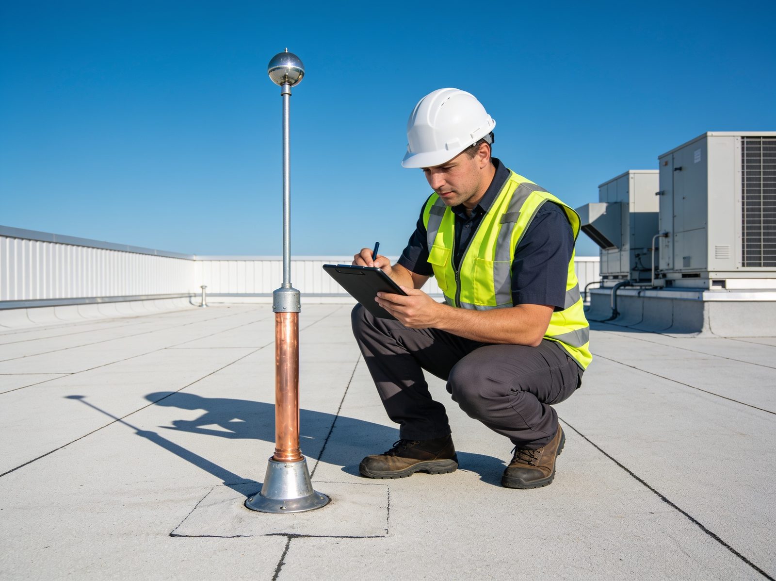 A technician inspecting a roof-mounted lightning protection air terminal and logging findings on a tablet