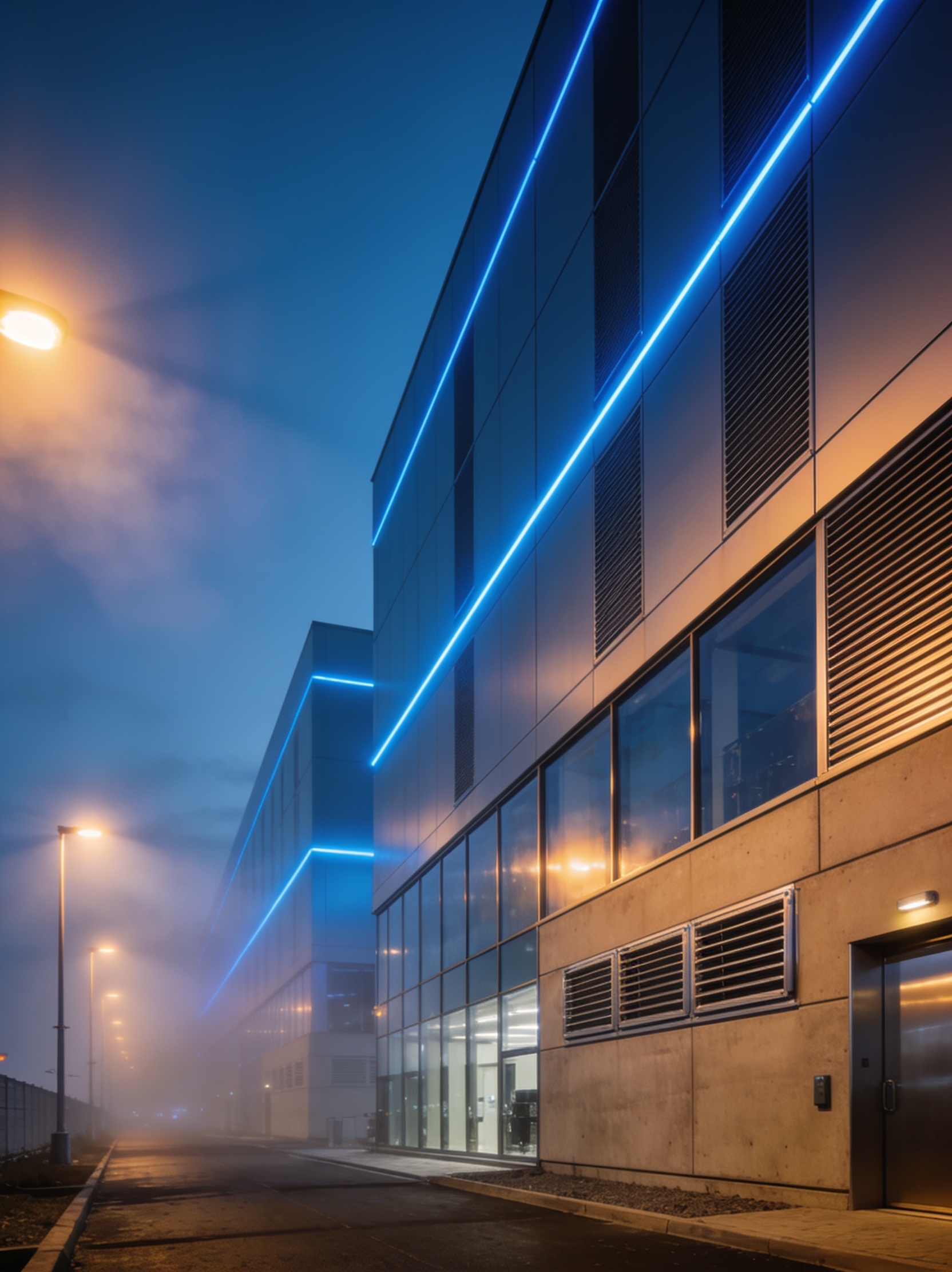 Modern data center building at twilight