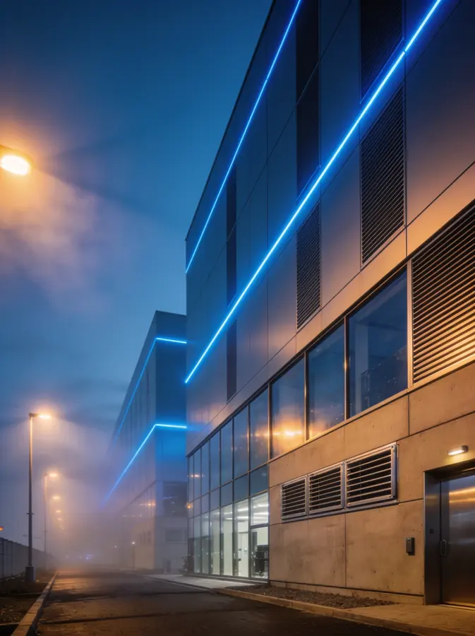Modern data center building at twilight