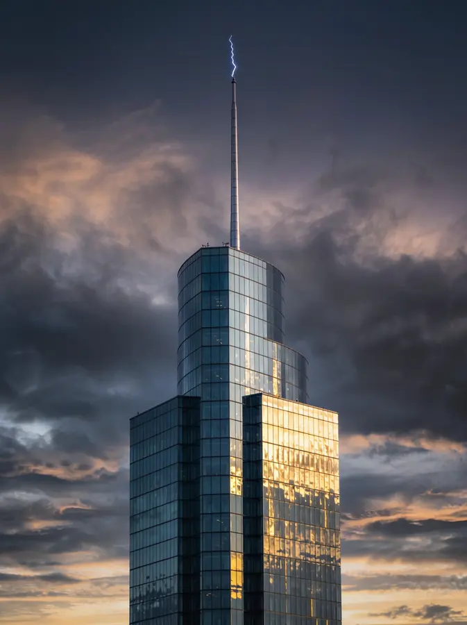Glass skyscraper with a lightning protection rod against a stormy sky