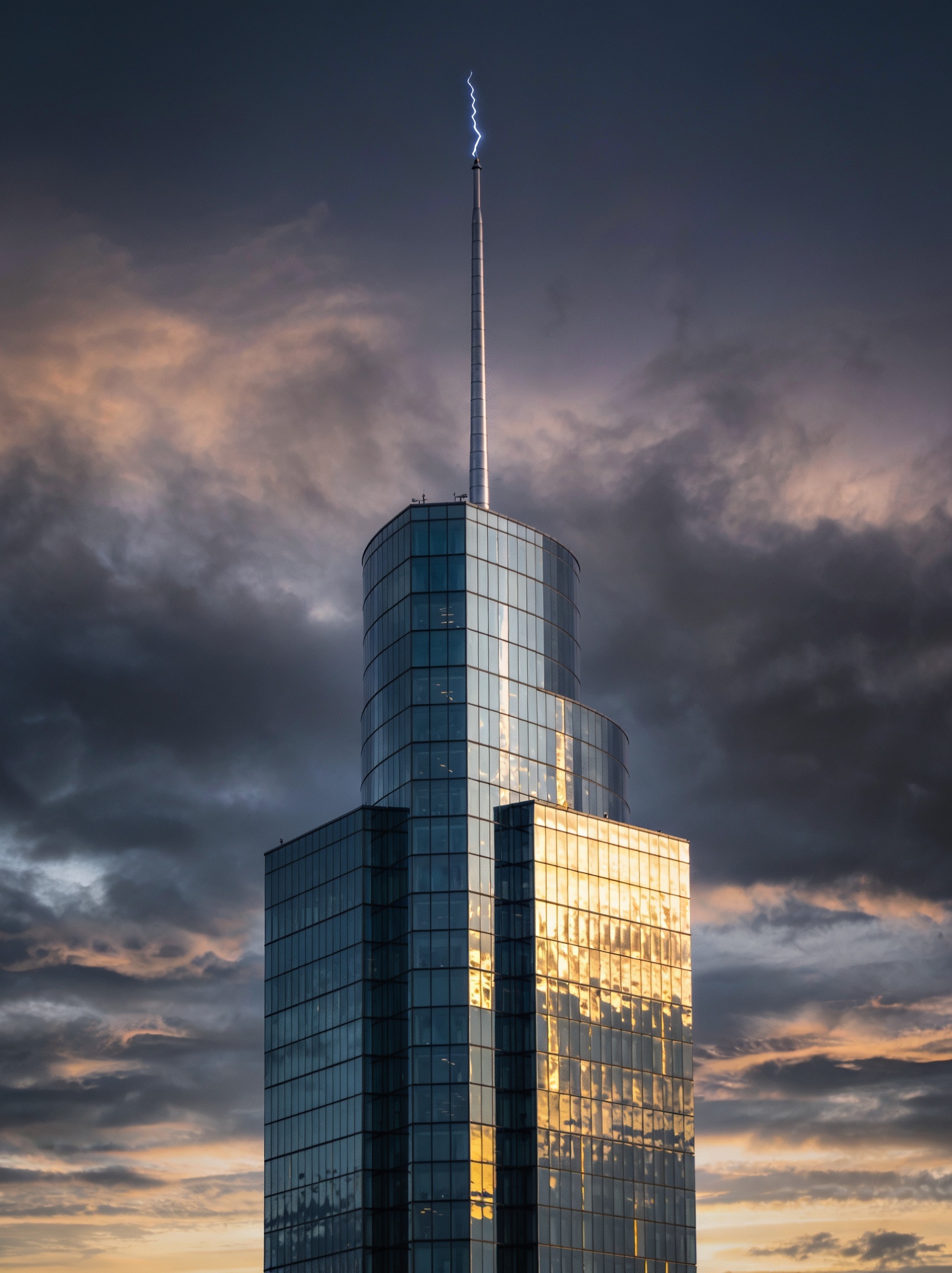 Glass skyscraper with a lightning protection rod against a stormy sky