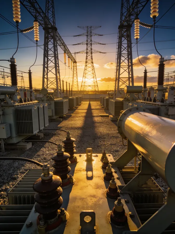 High-voltage electrical substation at golden hour