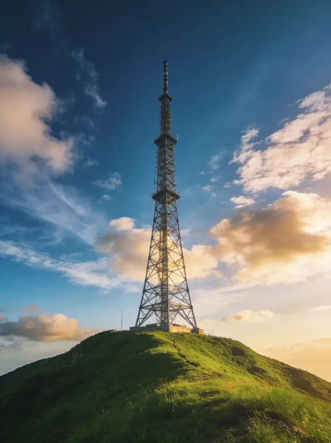 Steel telecommunications tower on a hilltop