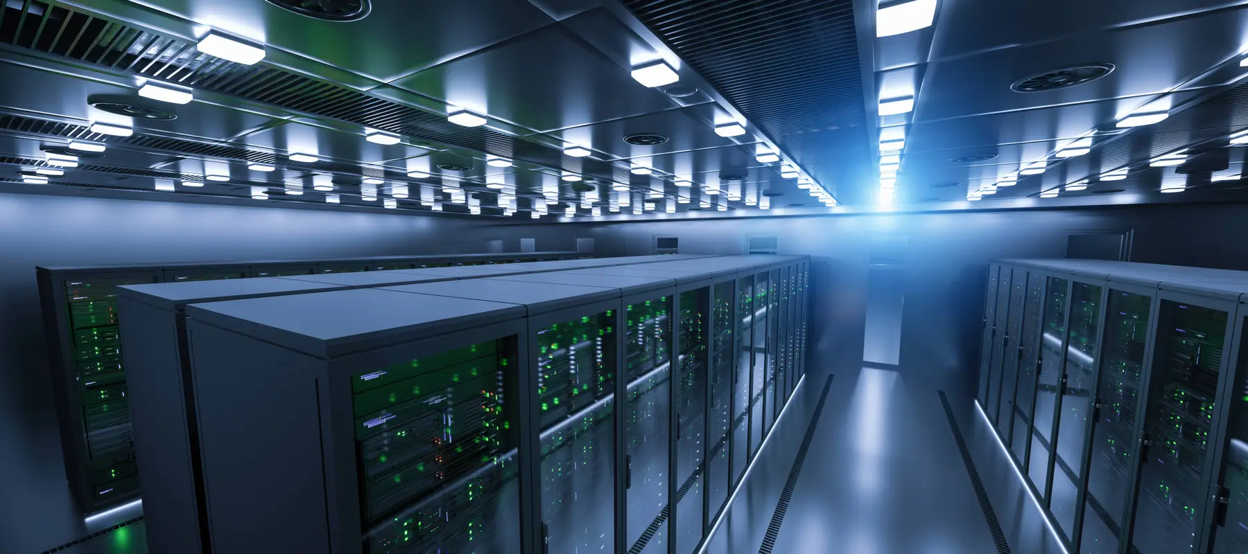 Rows of server racks in a modern data centre, where a lightning surge threatens continuity of service