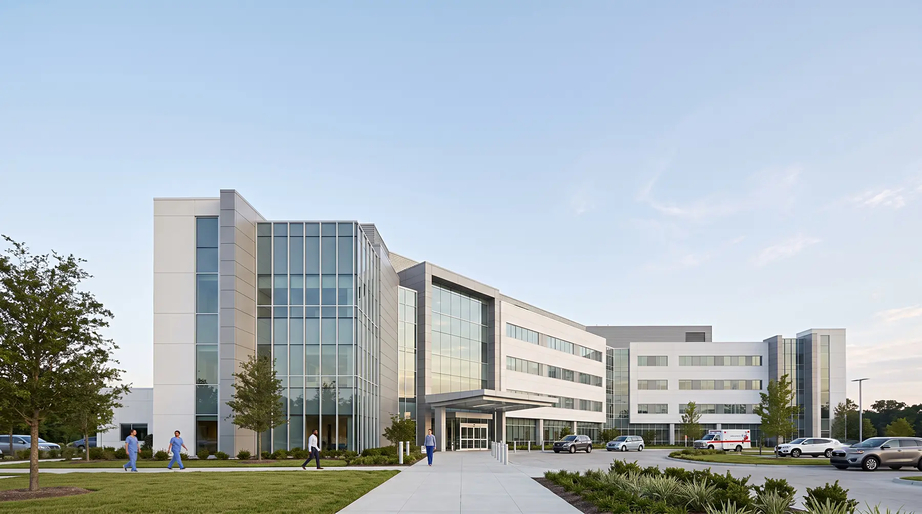 A modern hospital building at dusk, the kind of life-safety structure IEC 62305 protects