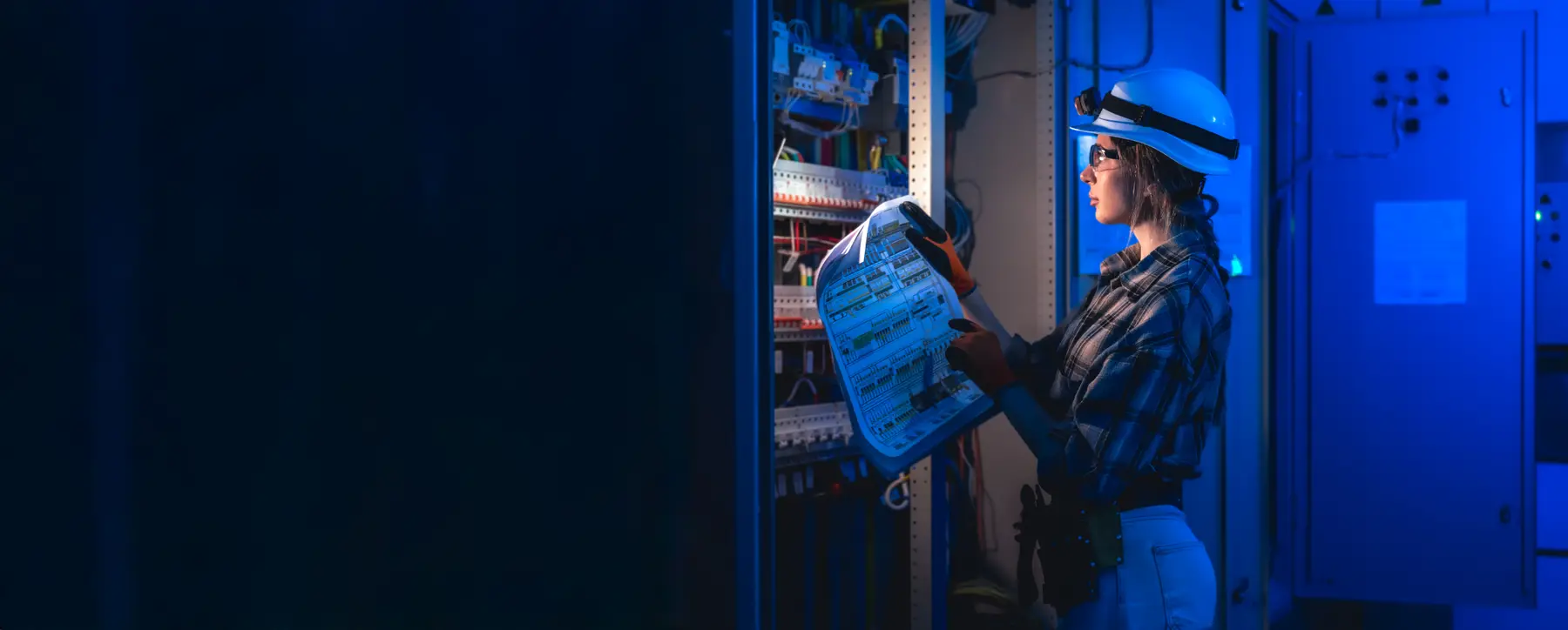An engineer working through an electrical diagram beside a control panel