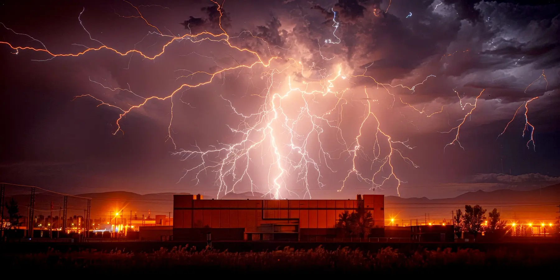 A lightning bolt striking behind an industrial building, the exposure an IEC 62305 assessment quantifies